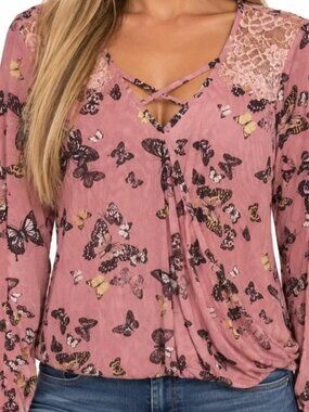 Dusty-Rose Pink Top with Butterflies by love, Fire